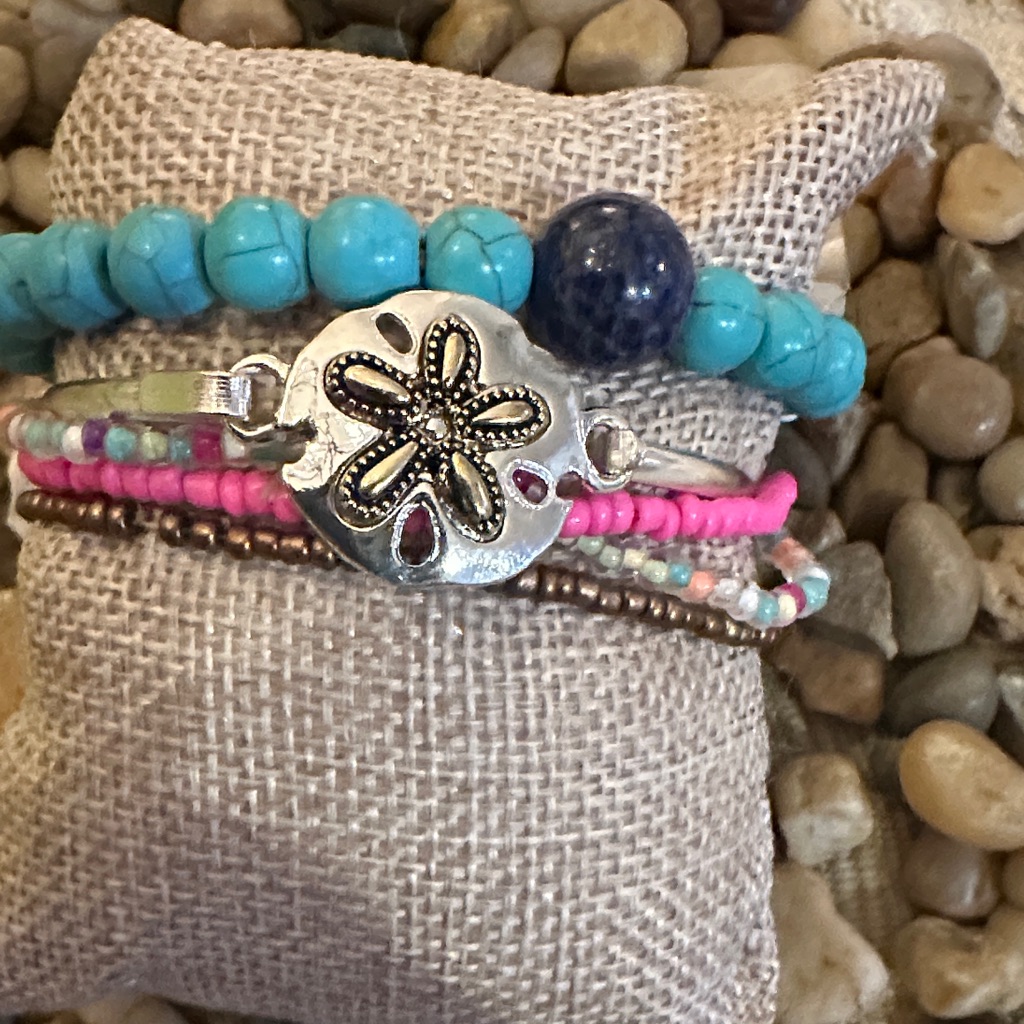 Silver And Pink Beaded Bracelet Set